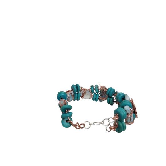 Turquoise Heishi Cooper Wire Wrapped Larimer Unicorn Key Heart Bangle - Picture 6 of 16